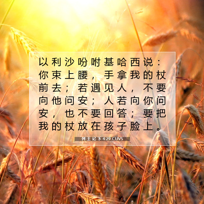 经文 列王记下4:29 圣经经文含义| 以利沙吩咐基哈西说： 你束上腰